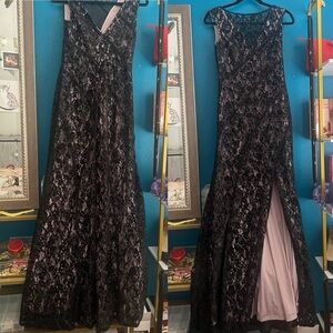 Gorgeous Aidan Mattox Black over nude lace side Slit Gown